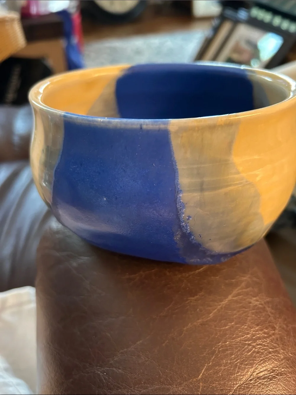 Handcrafted Signed Blue and Cream Ceramic Oval Shaped Bowl